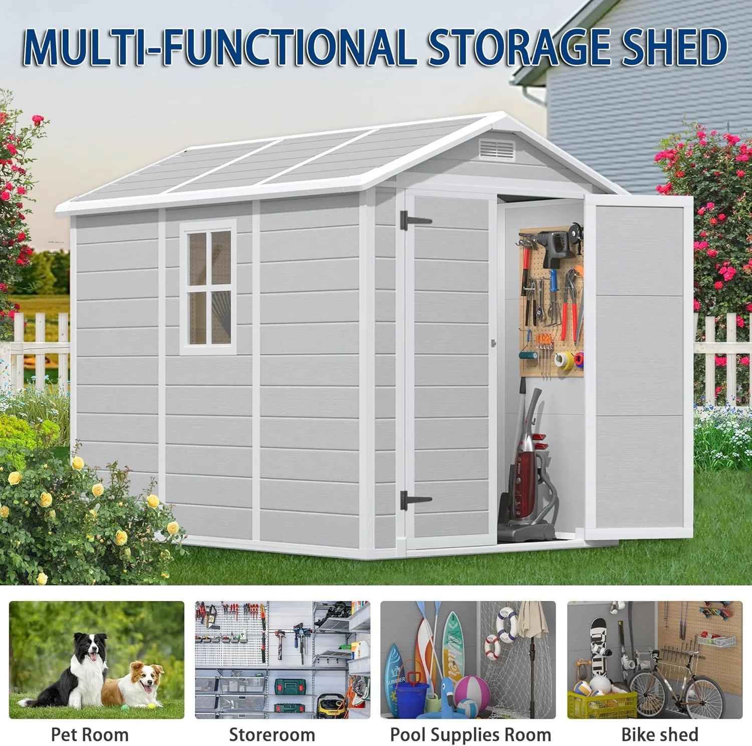 9 x 5.8 FT Outdoor Storage Shed, Linor Resin Shed with Floor, Window, and Vents, Weather-Resistant Garden Shed for Garden Tool Outside Sheds, Bike Shed, Backyard Shed - Image 4
