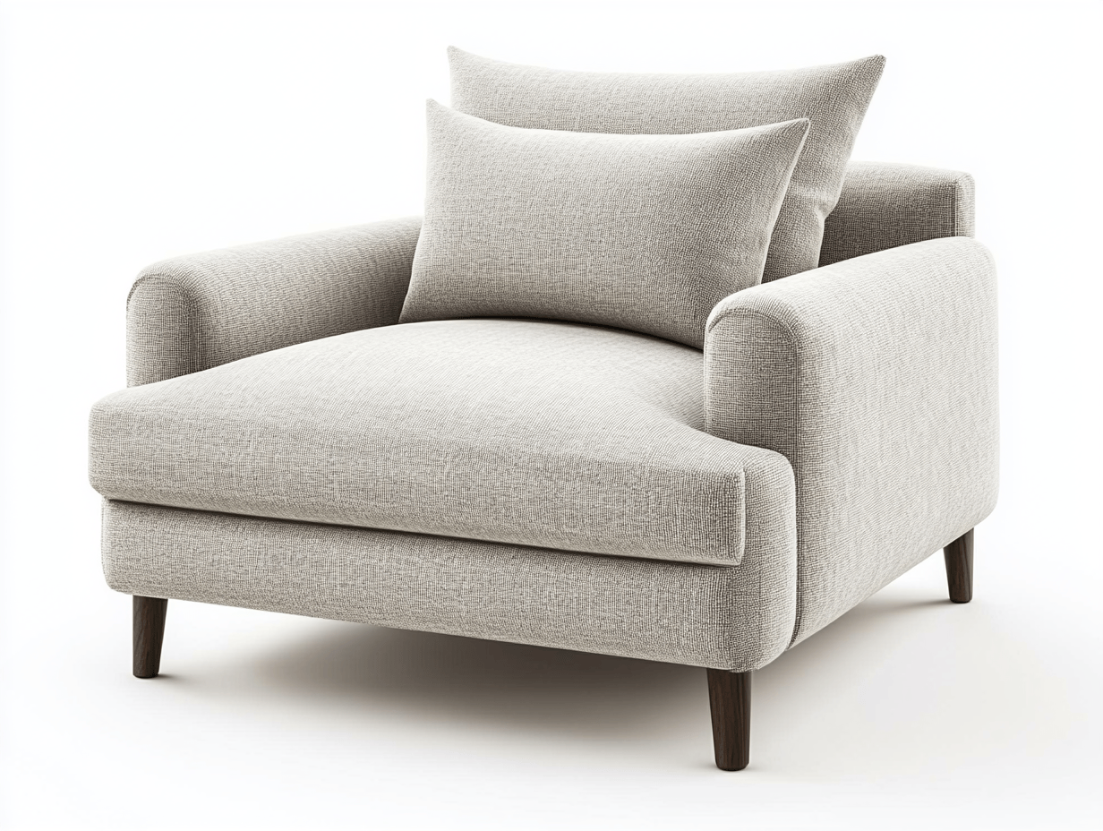 Sillón grande de lino gris con reposabrazos cuadrados y patas de madera