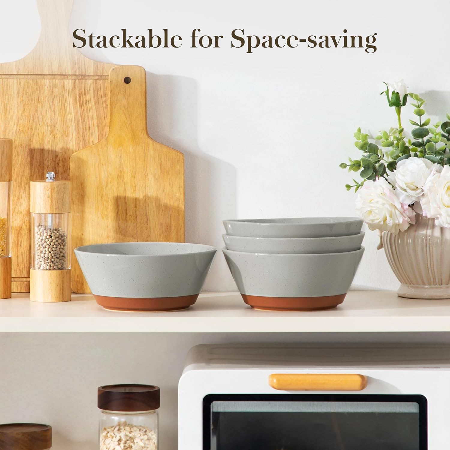 MALACASA Soup Bowls, Ceramic Salad Bowls Set of 4, 36oz Ceramic Bowls for Ramen, Cereal, Fruit and Pho, Microwave & Dishwasher Safe, Speckled Deep Bowls, Grey & Brown