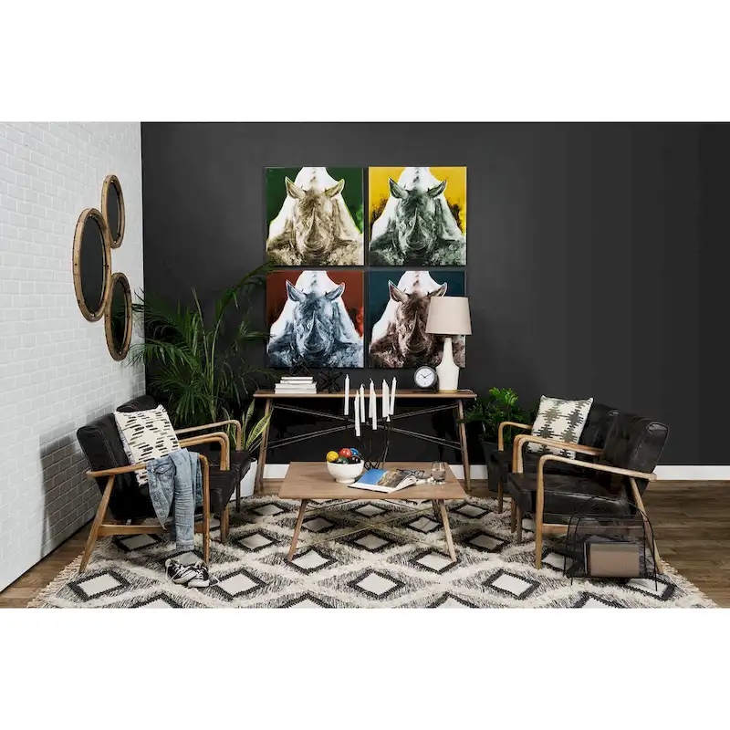 Phineas Black Genuine Leather Accent Chair with Brown Solid Wood Frame