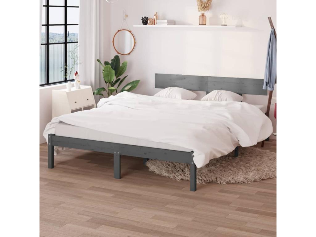 Estructura de cama doble sin colchón madera maciza gris