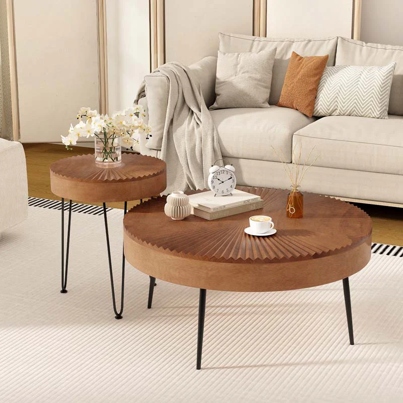 Eletriclife Set of 2 Boho Round Coffee Table with Solid Pine Wood Top and Metal Legs