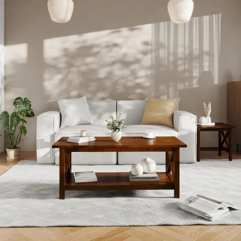 Farmhouse Coffee Table with Shelf and X-Frame Design