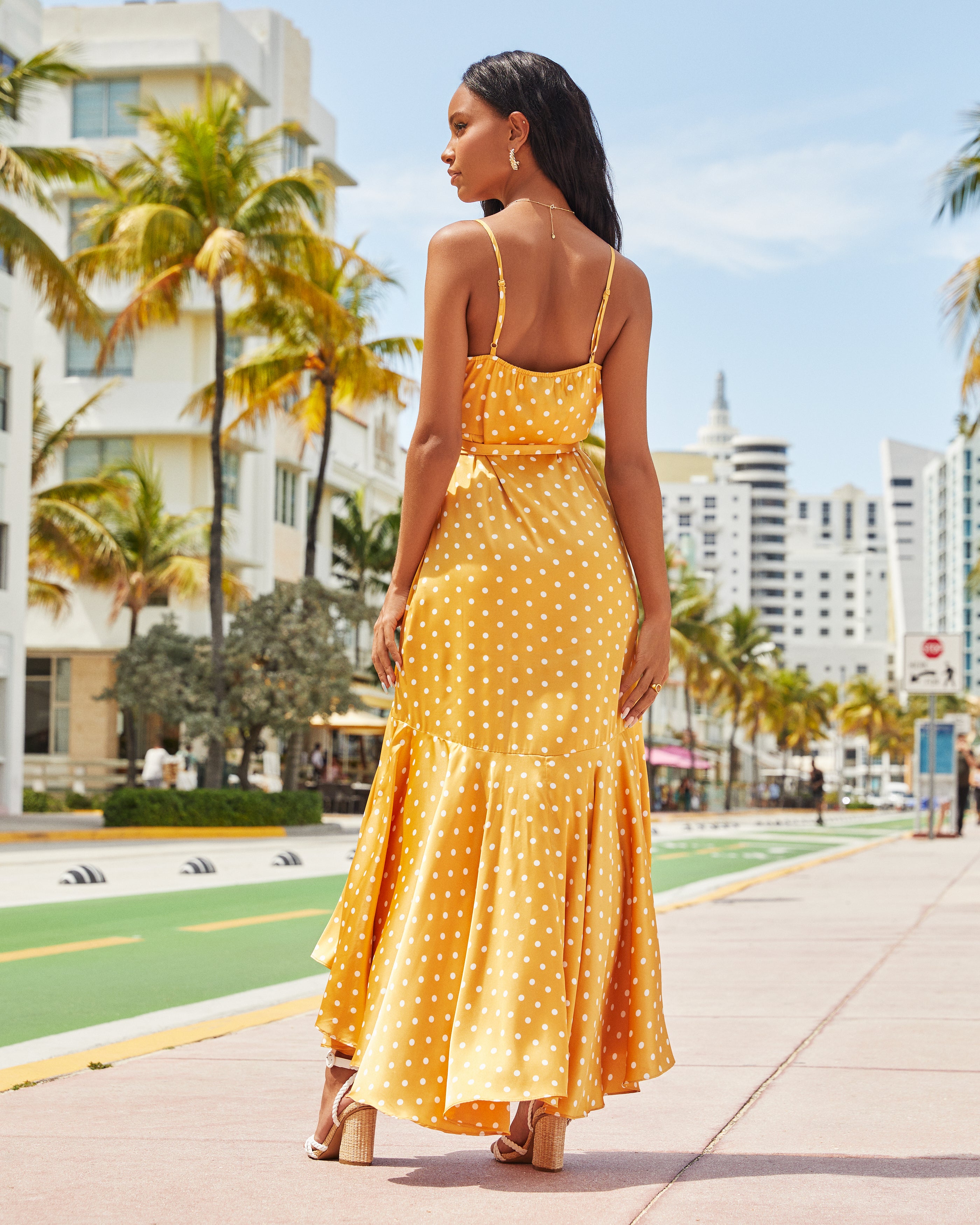 Claribella Satin Polka Dot High Low Maxi Dress - Mustard - FINAL SALE - Se7enfashion