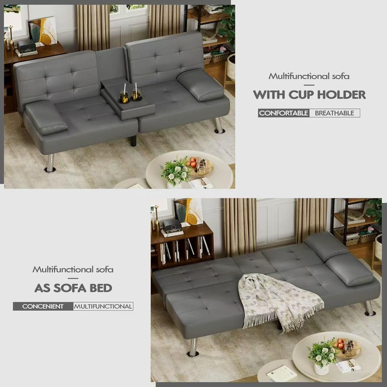 Homall Futon Sofa Bed Leather Futon Couch with Armrests Adjustable Recliner Sleeper Sofa Bed