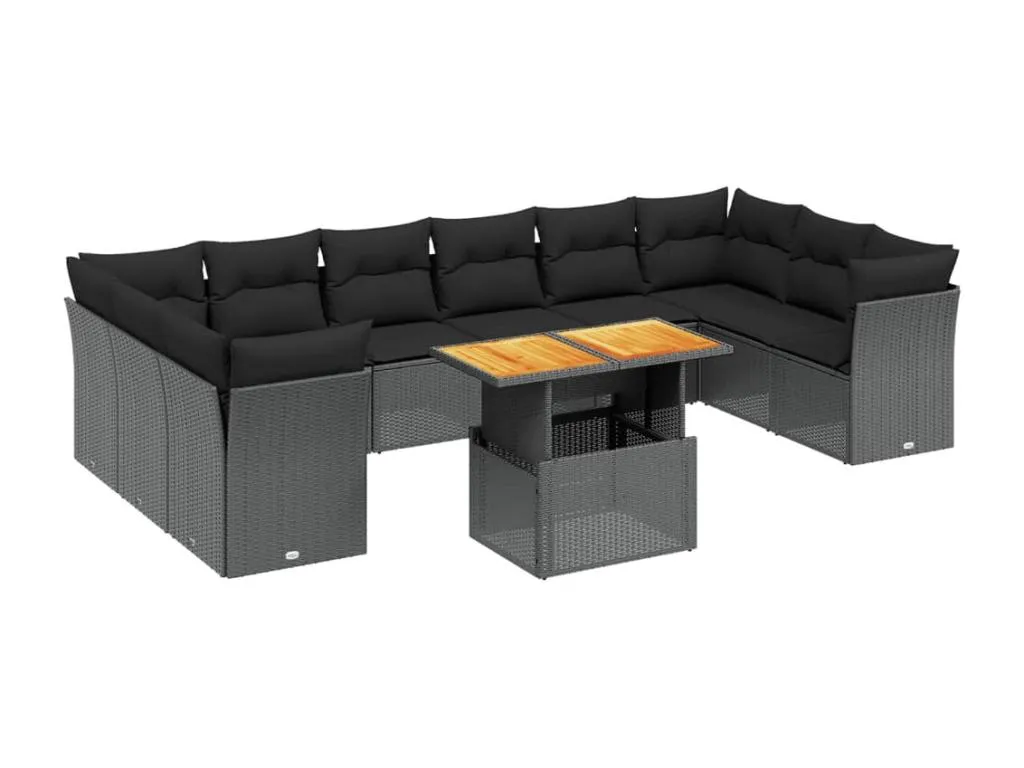 Habitarluz Set de sofás de jardín 11 pzas y cojines ratán sintético negro LHUQ05772