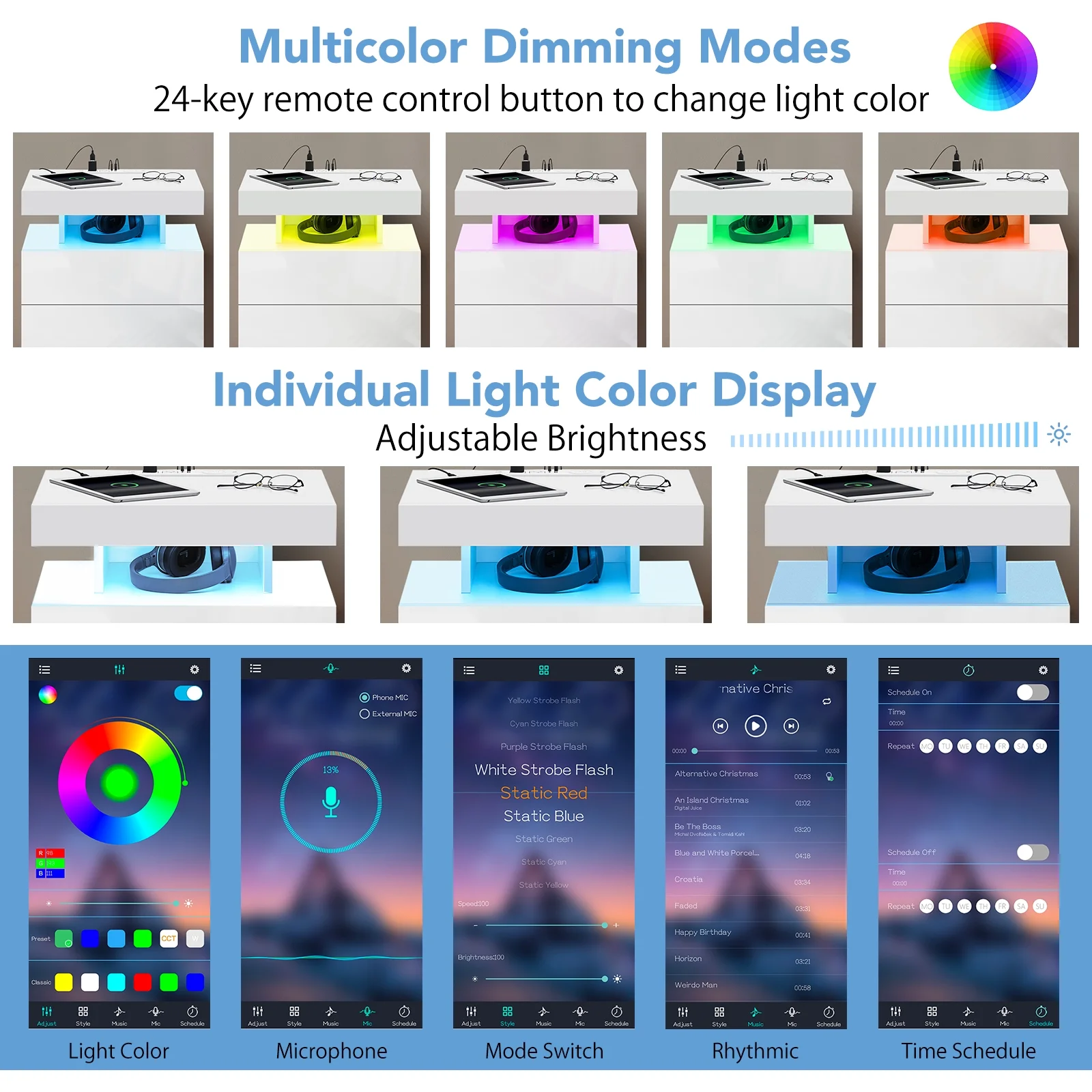 Hommpa LED Nightstand Wireless Charging Station USB Type C Outlets Bedside Table 3 Drawers Black Night Table Modern Smart Nightstand High Gloss End Side Table for Bedroom Furniture 26.8" Tall - Image 33