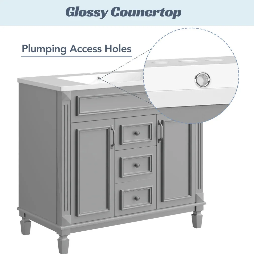 36'' Bathroom Vanity Set With Ceramic Sink Top, Mirror Cabinet, 2 Doors And 2 Drawers - Gray - Image 7 36'' Bathroom Vanity Set With Ceramic Sink Top, Mirror Cabinet, 2 Doors And 2 Drawers - Gray - Image 7