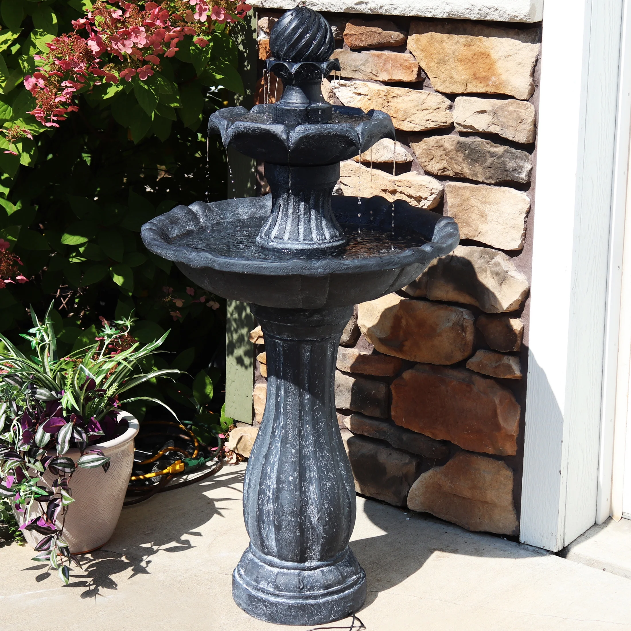 Sunnydaze 45" 2-Tier Arcade Solar Outdoor Water Fountain with LED - Earth - Image 15