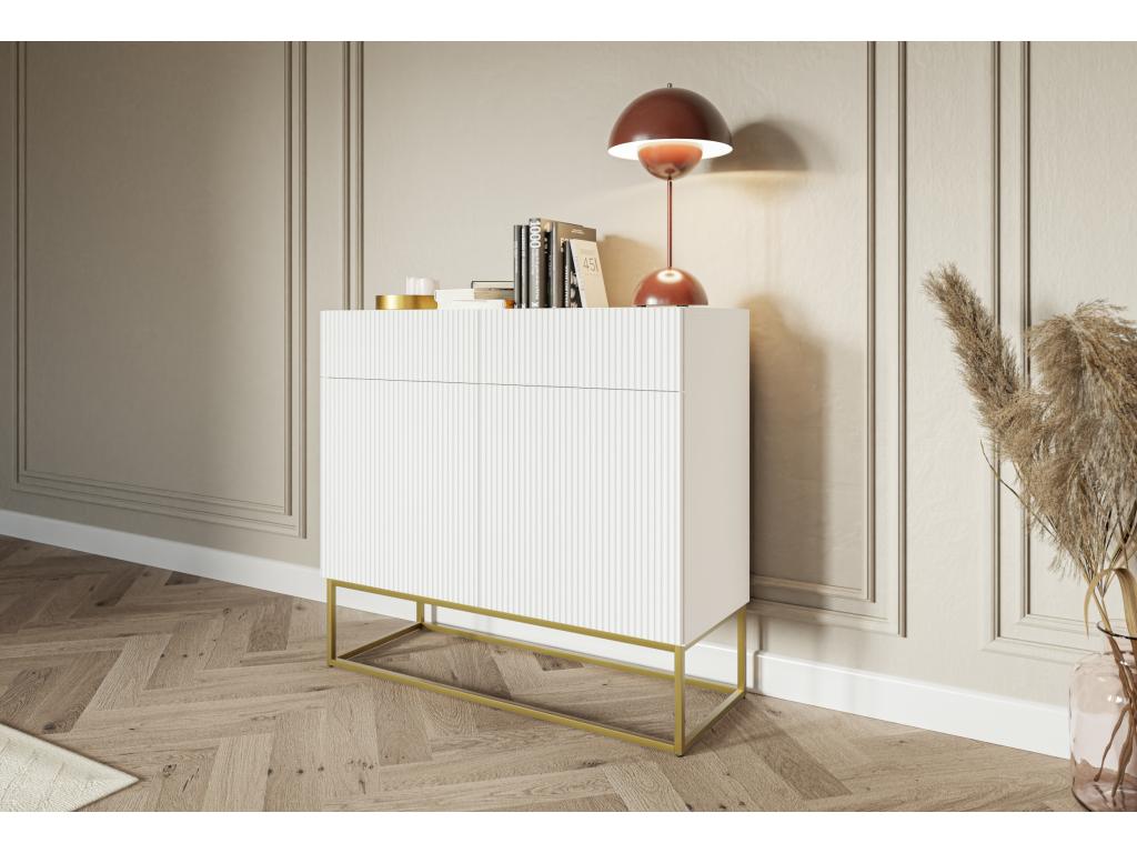 Cómoda de 2 puertas con 2 cajones - 100 cm - blanca con patas de metal dorado - VELDIO
