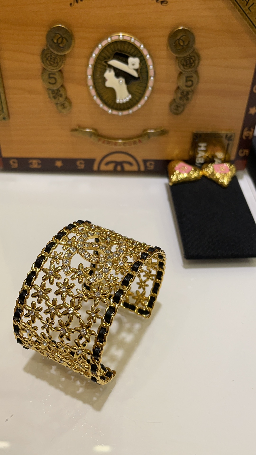 Dainty Chanel 23A Hollow Flower Wide Bracelet Cuff Bangle - Original Replica Club