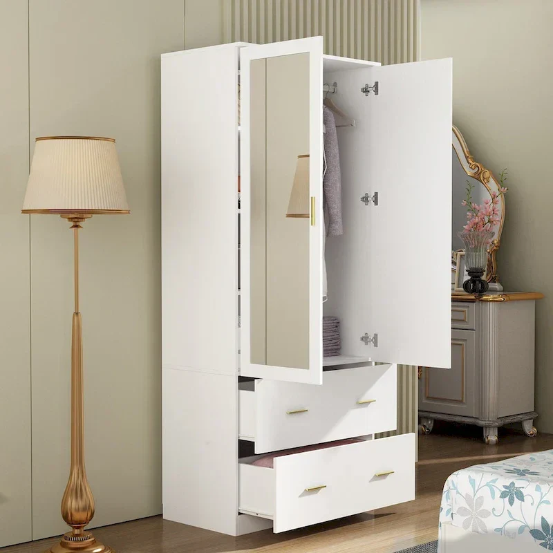 Modern Wardrobe Armoire with Mirror Door Hanging Rod and Drawers
