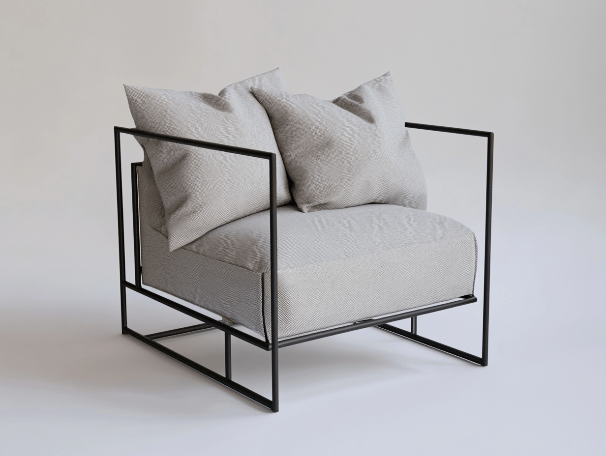 Sillón tapizado con estructura metálica – gris claro – estilo industrial moderno