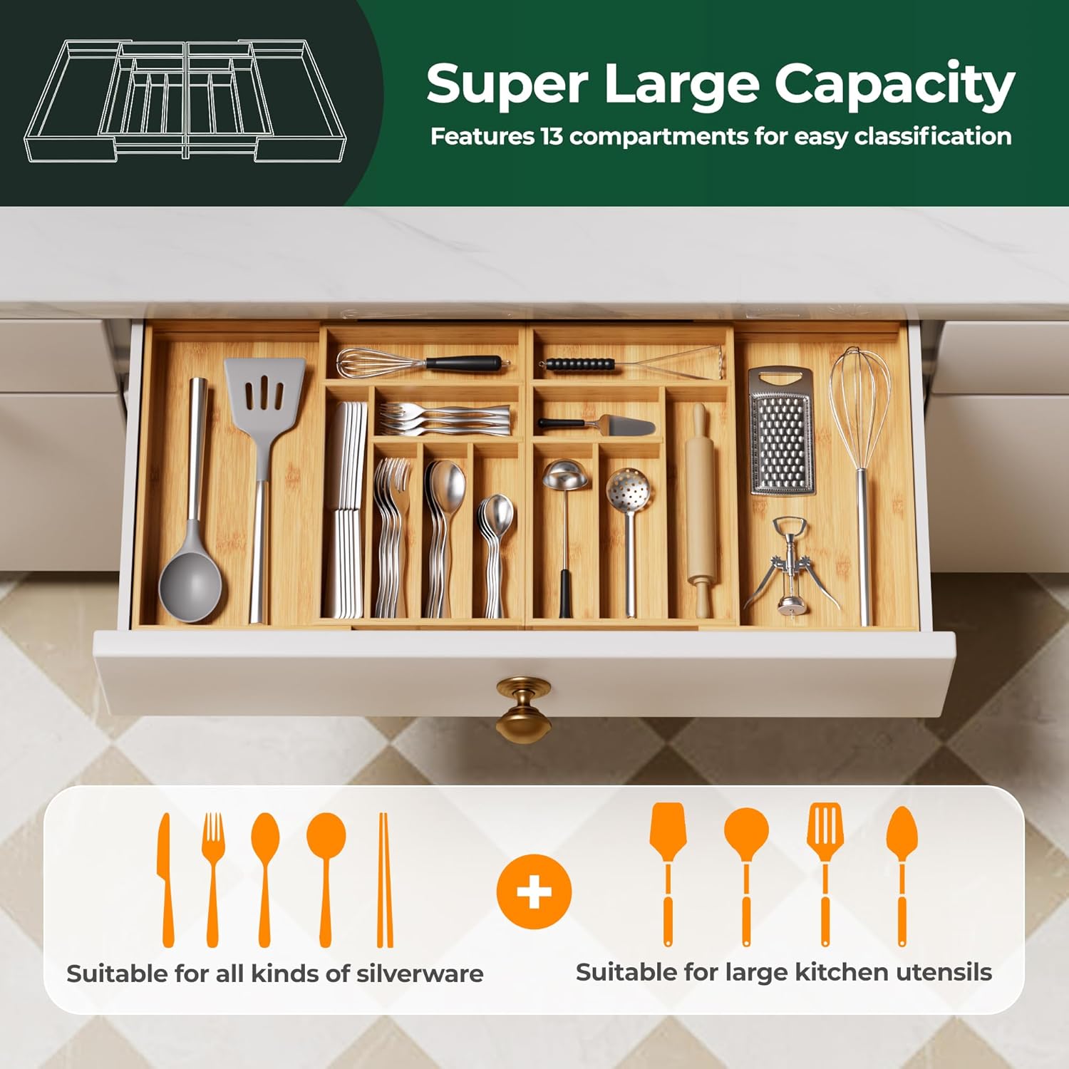 Large Silverware Organizer, 13 Slots Magnetic Connected Expandable Bamboo Utensil Drawer Organizer From 21 to 37.4 Inches, Adjustable Flatware and Cutlery Holder, Utensil Tray for Kitchen Natural