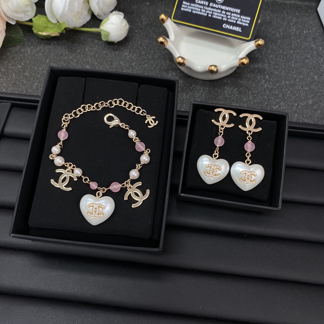 Chanel White Heart Pink Bead Bracelet Earrings - Original Replica Club