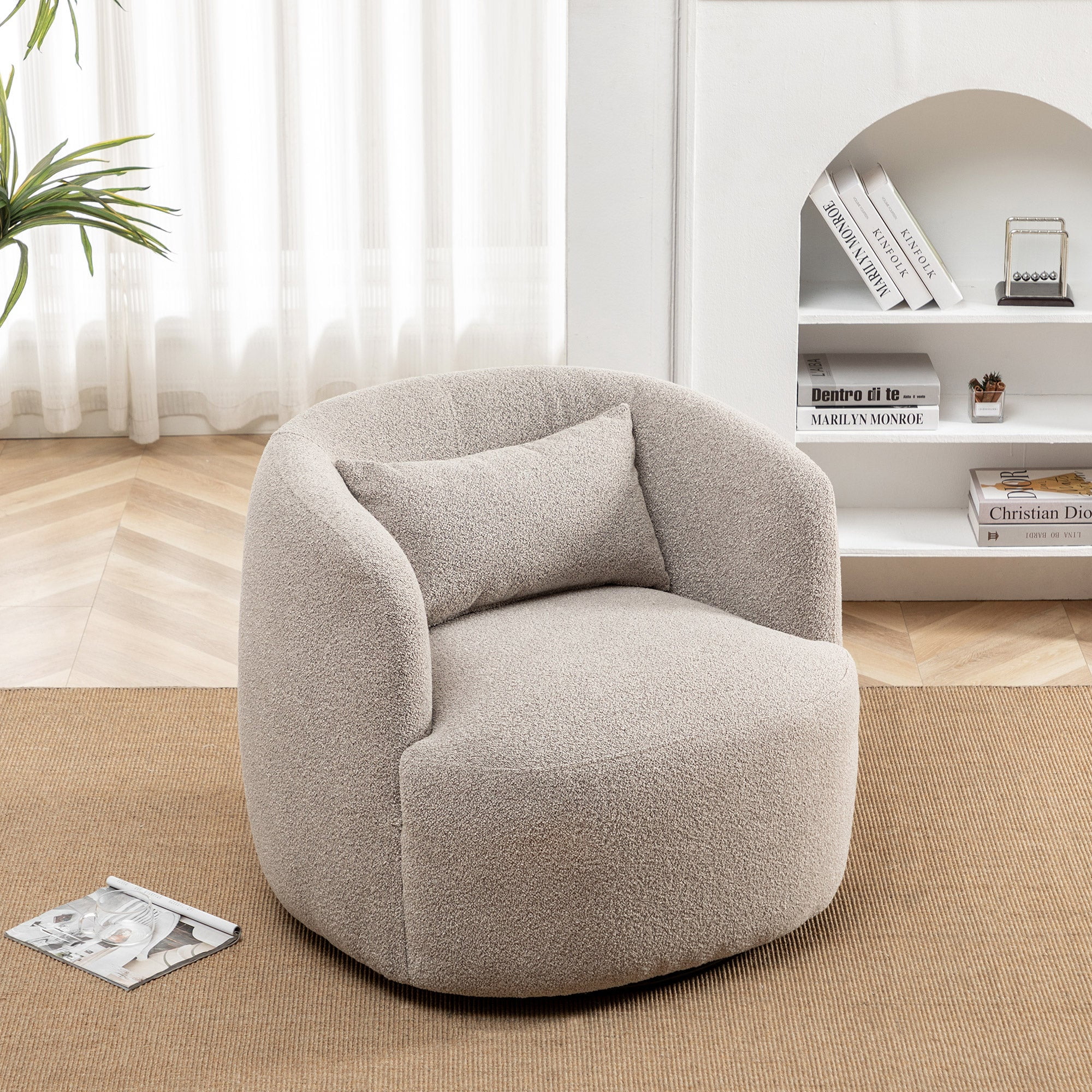 34" Wide Boucle Swivel Barrel Chair, No Assembly Round Upholstered Armchair Accent Chair Single Sofa Chair with Toss Pillow for Living Room and Bedroom, Taupe - Image 5