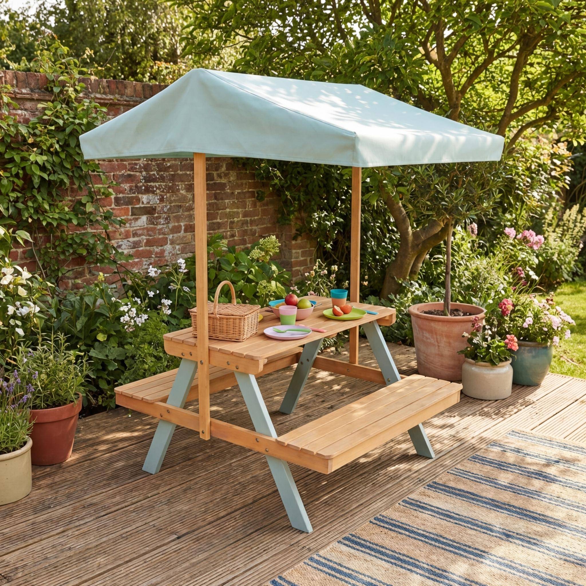 Jade - Mesa de picnic  de jardín infantil de madera con sombrilla, 2 plazas