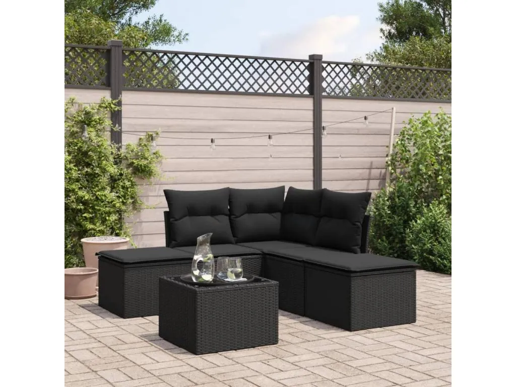 Set de sofás de jardín 6 piezas y cojines ratán sintético negro