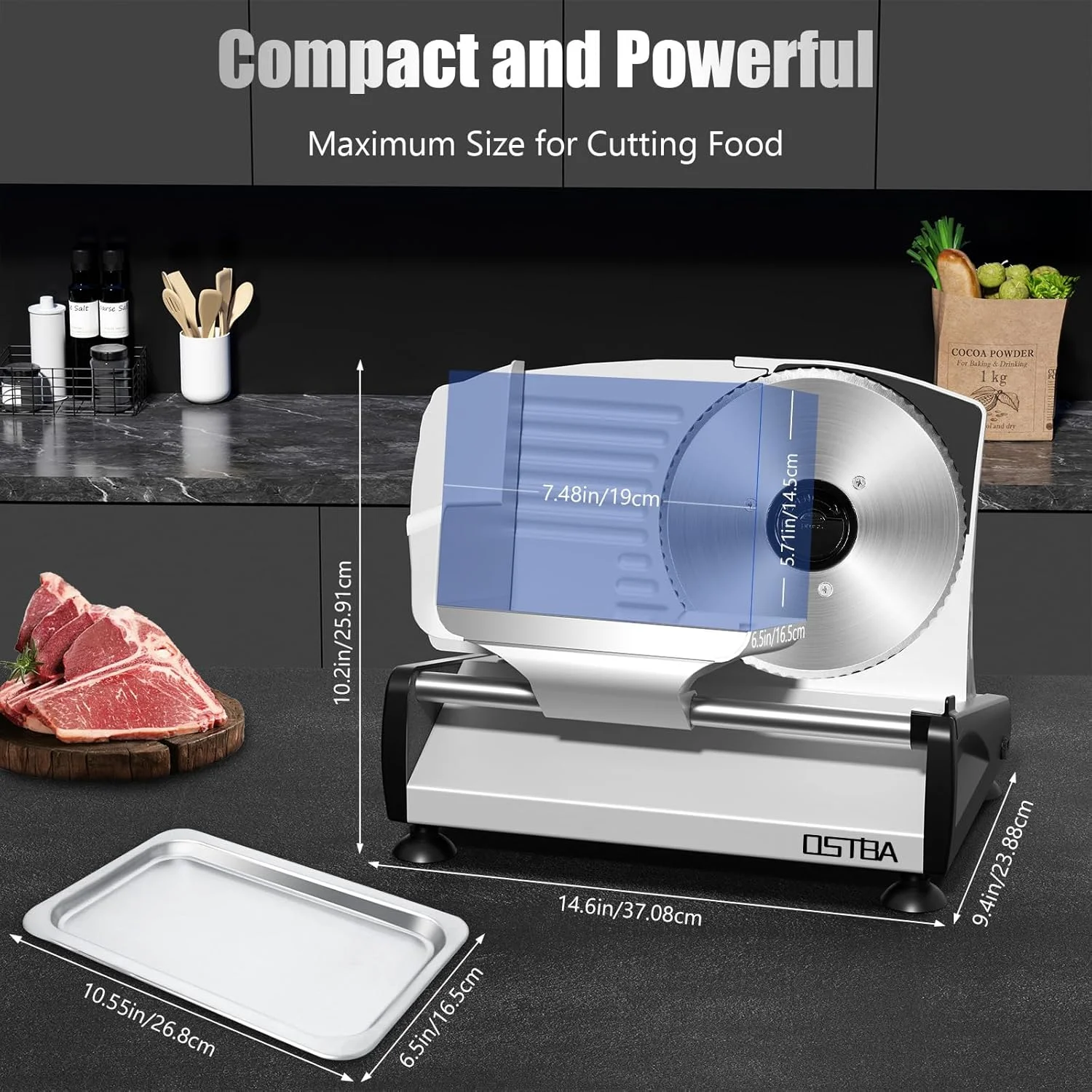 OSTBA Meat Slicer with Quiet DC Motor, 200W Electric Deli Slicer, Dual 7.5'' Stainless Steel Blades, 0-15mm Adjustable Thickness, Easy to Clean, Ideal for Meat, Cheese, Bread, and Vegetables - Image 3