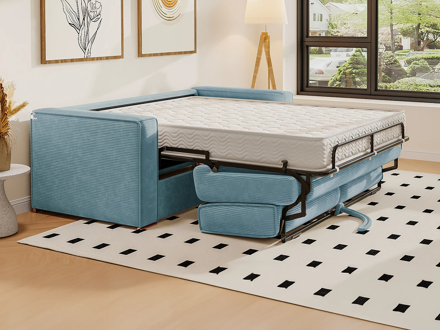 Sofá cama de 4 plazas con apertura italiana de pana color turquesa - Somier de láminas de 160 cm de ancho - Colchón con memoria de forma de 22 cm LORETO