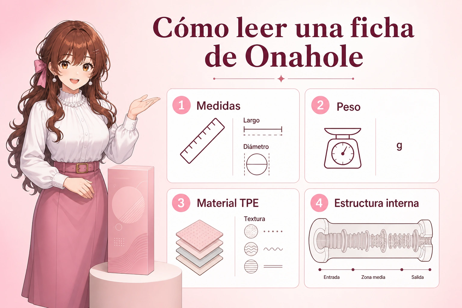 Empaque y ficha de un onahole con medidas, peso, material y diagrama interno