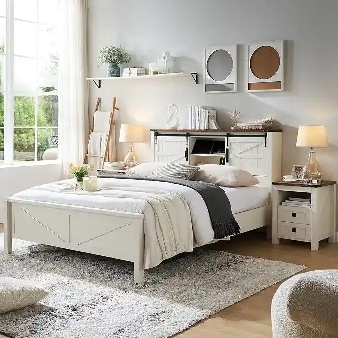 Farmhouse Platform Bed with Storage Headboard Sliding Doors and Charging Station
