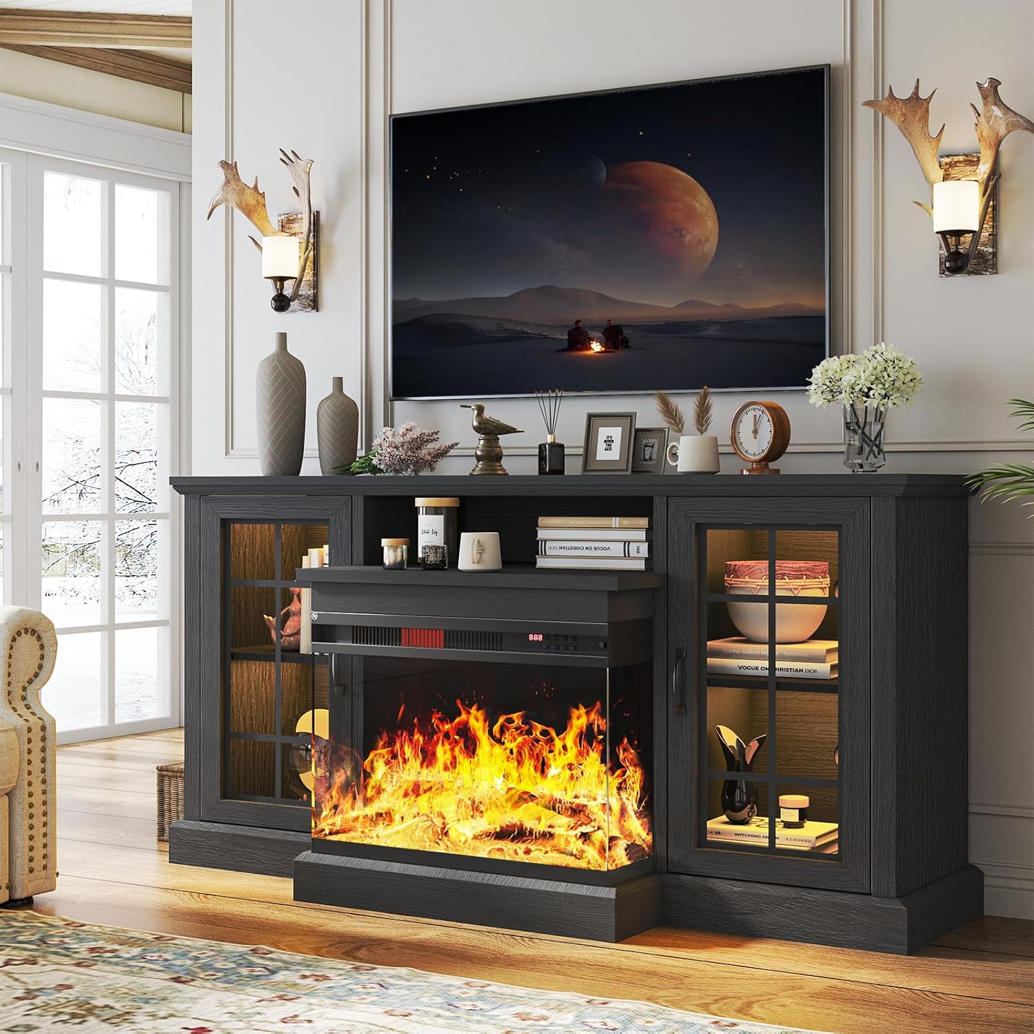 WAYFAIR Oneinmil 59'' Fireplace TV Stand, 3 Sided Glass Media Entertainment Center Console Table For TVs Up To 65'' With Glass Door Adjustable Flame LED Color For Living Room, Set Of TV Table, White