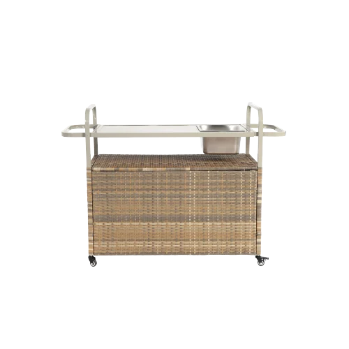 Yiweny Outdoor Rolling Wicker Bar Cart, Large Portable Outdoor Wicker Bar Table with Cabinet Storage and Glass Countertop, Patio Wicker Serving Bar Cart for Pool, Party, Backyard, Black - Image 19