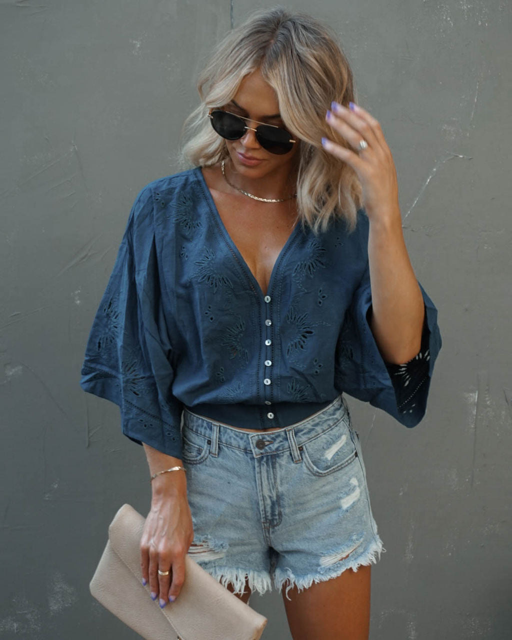 Je T'aime Eyelet Button Down Top - Teal - Se7enfashion