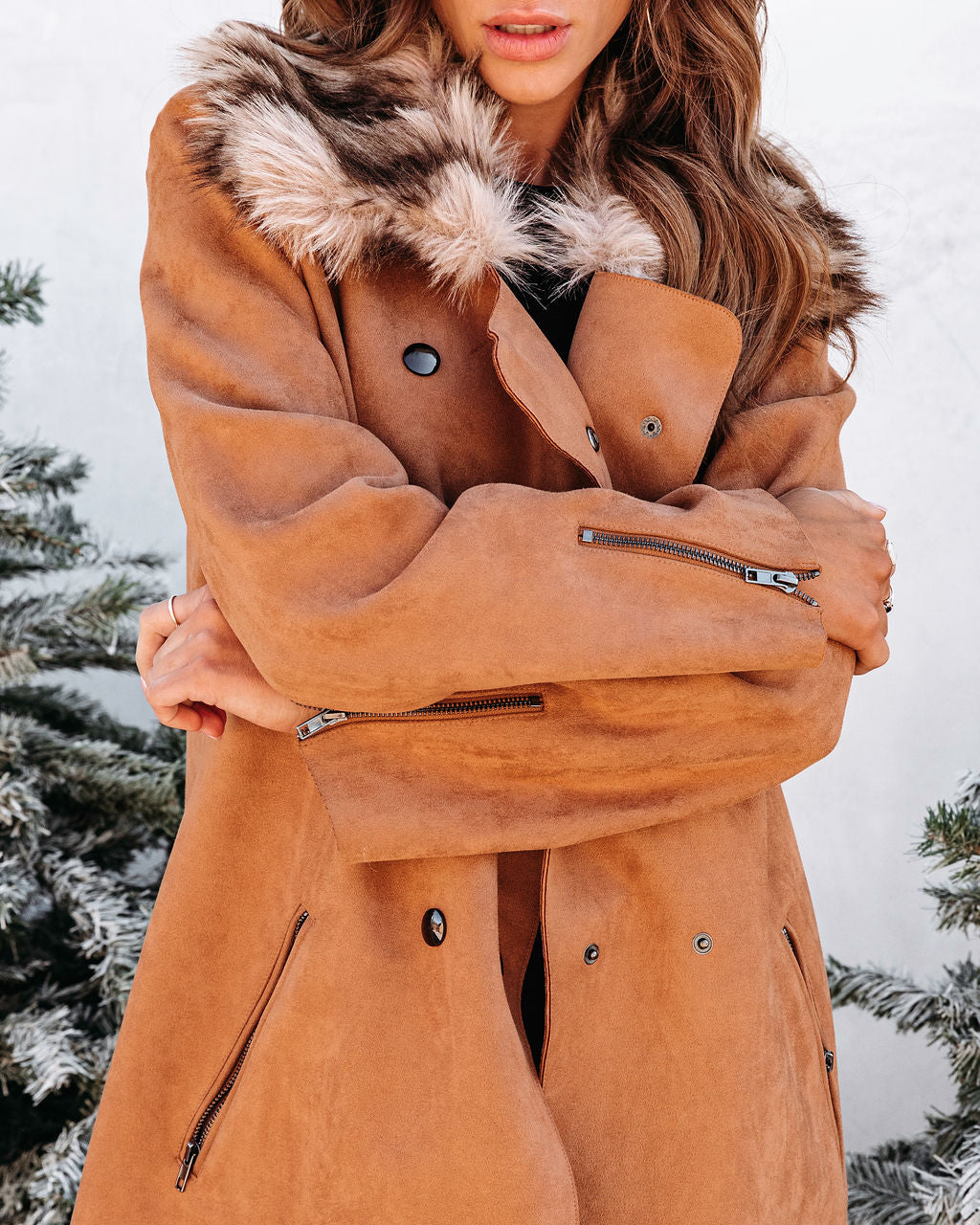 Felicity Faux Fur Pocketed Jacket - Camel - Se7enfashion