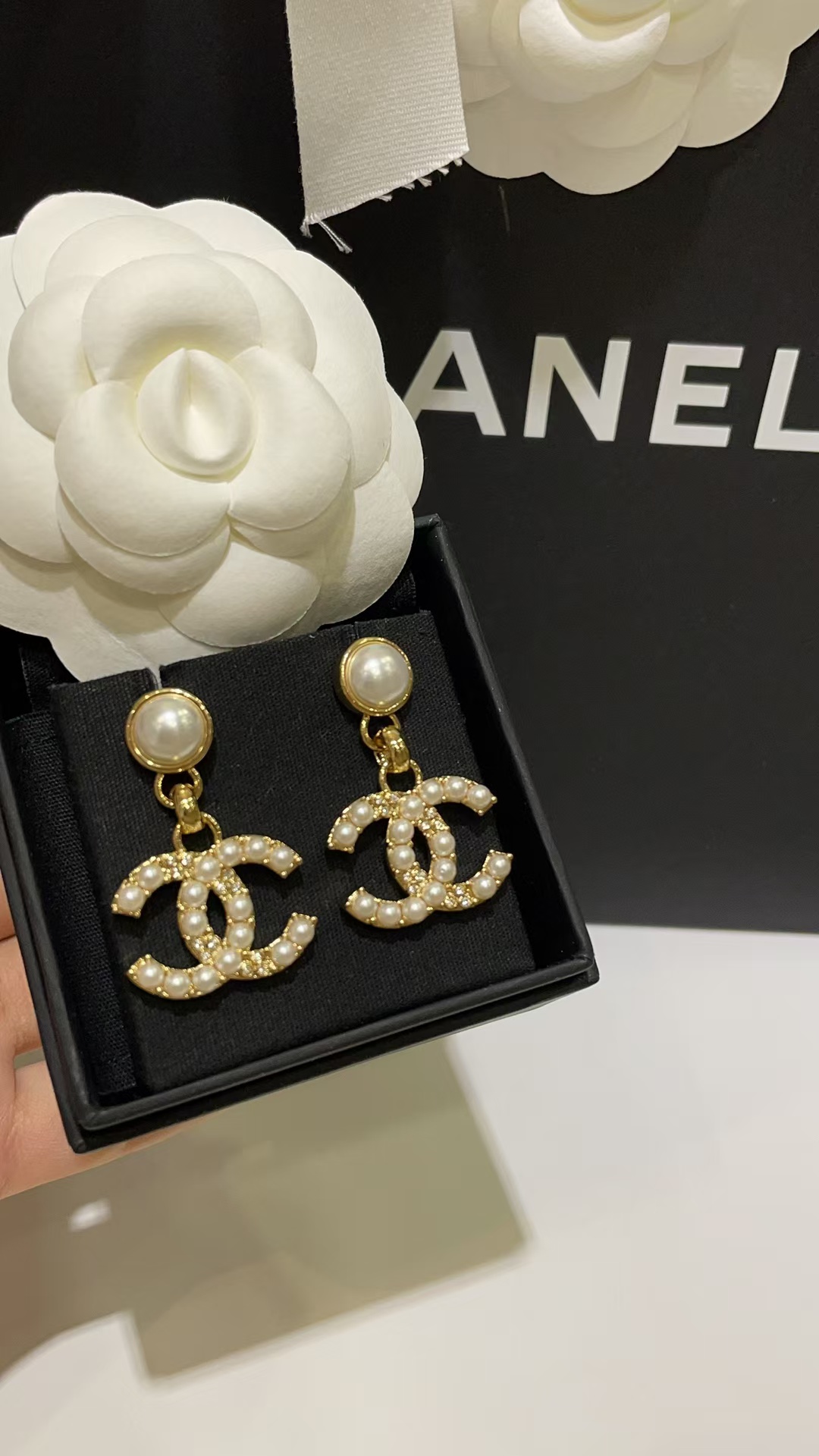Chanel Pearl Paved Double C Earrings - Original Replica Club