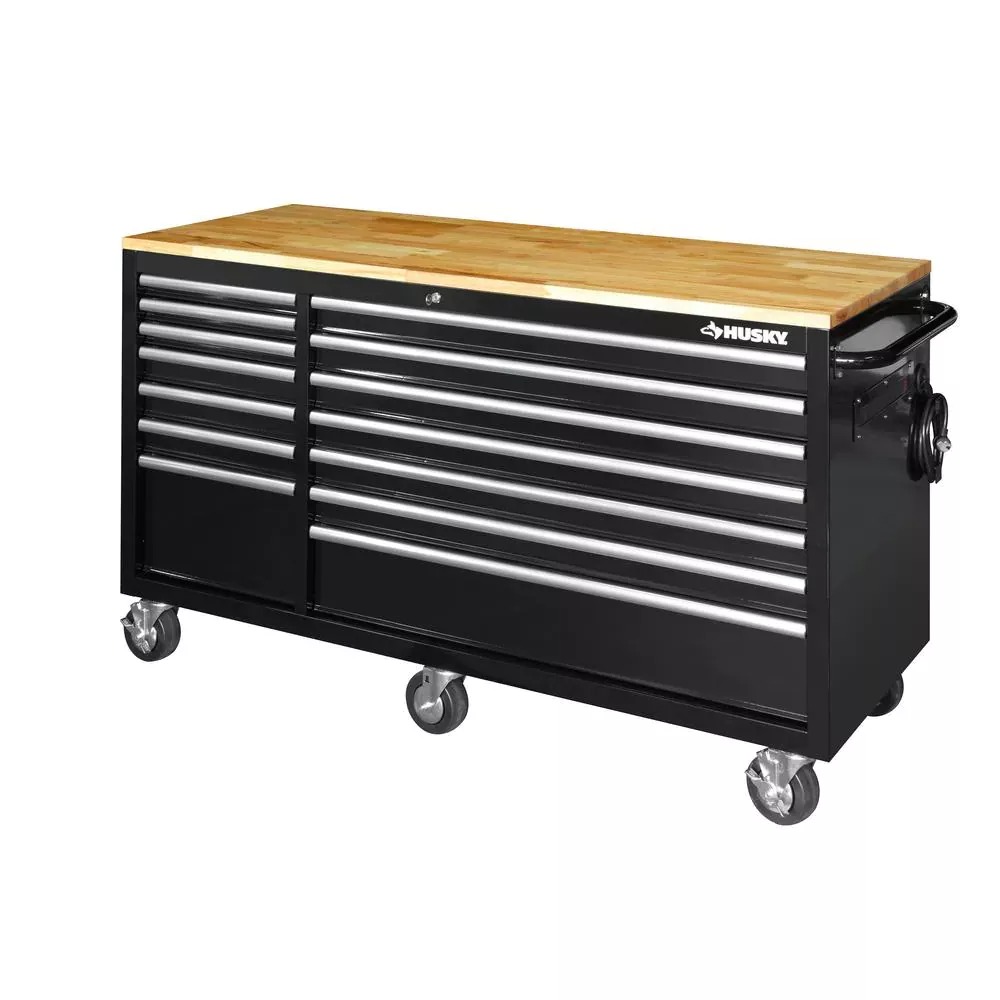 62 IN. 14-DRAWER MOBILE WORKBENCH WITH SOLID WOOD TOP, BLACK