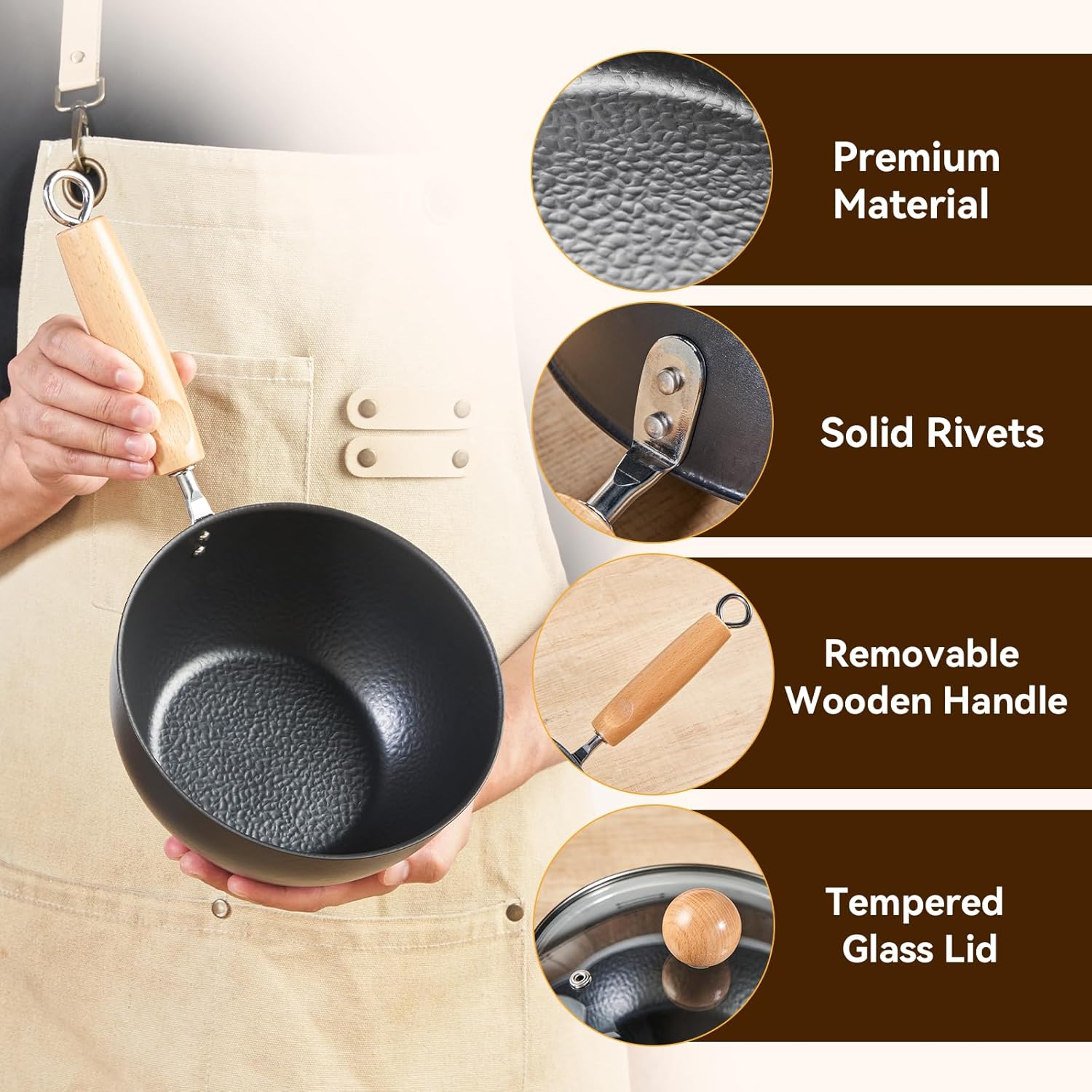 WANGYUANJI 1.5QT Iron Saucepan with Lid, Hammered Milk Pot for Boiling Ramen, Removable Wood Handle for Camping & Storage, Non-Coated Small Cookware for Single Serving, Induction Compatible