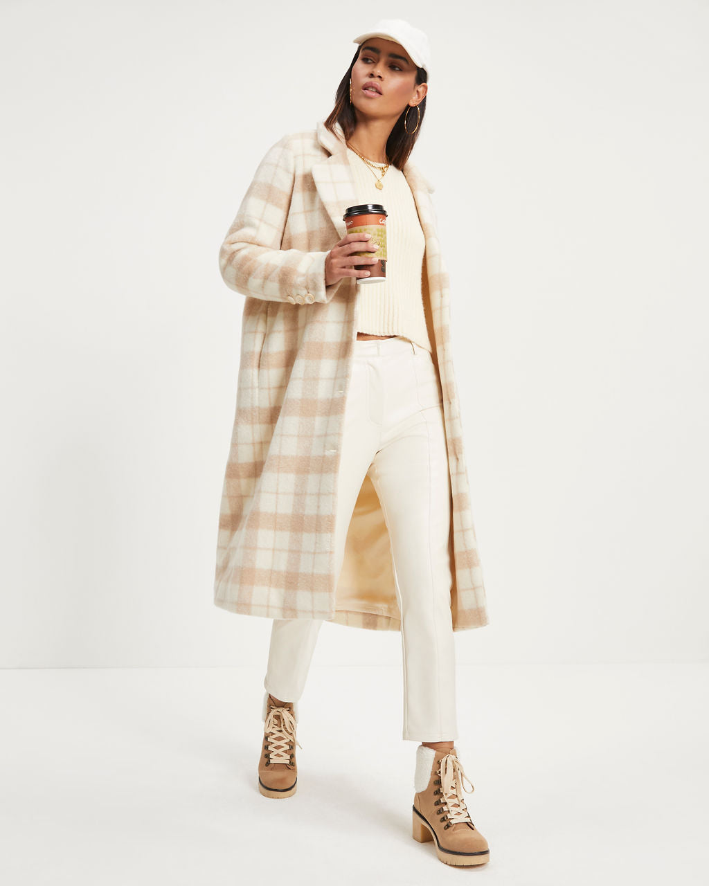 City Girl Pocketed Plaid Coat - Ivory - Se7enfashion