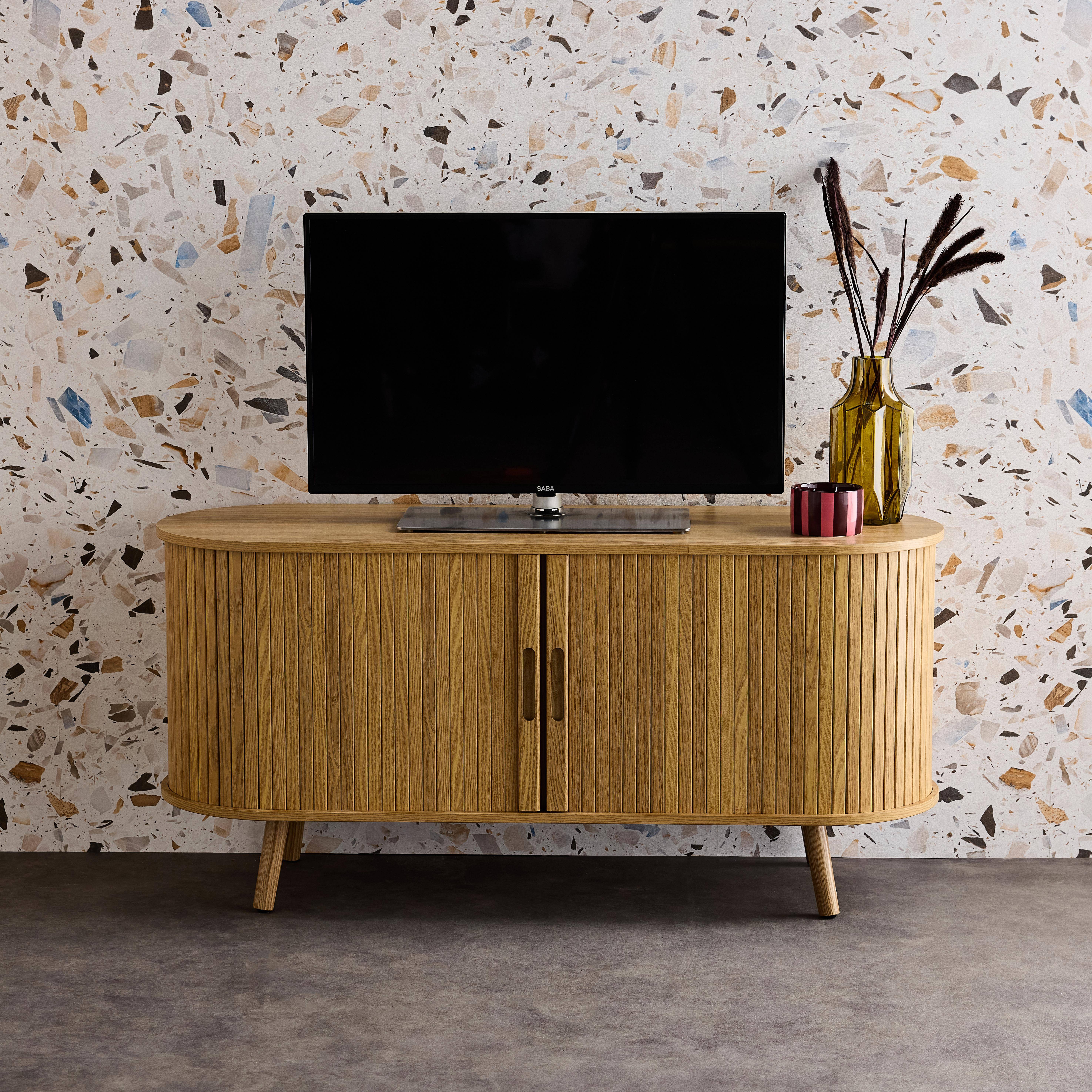 Legacy - Mueble TV escandinavo con 2 puertas correderas acanaladas efecto madera, 120cm