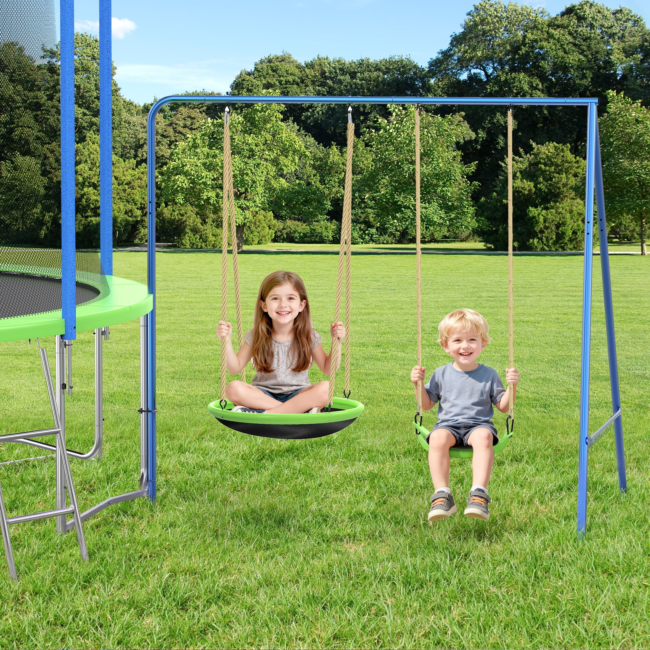 12FT Trampoline with Slide, Swings, SEGMART Recreational Trampoline with Basketball Hoop and Ladder, Heavy Duty Outdoor Backyard Trampoline with Net for Kids and Adults, Green