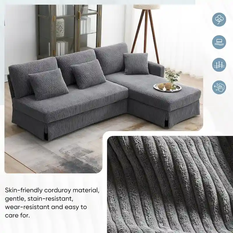 Contemporary L-Shaped Corduroy Sofa with Reversible Chaise from Harper & Bright Designs