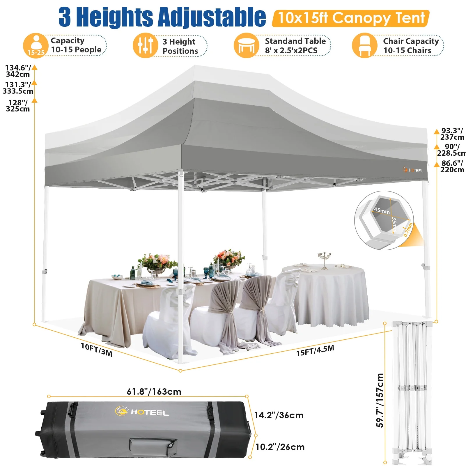 HOTEEL 10x15 Heavy Duty Canopy Tent - Commercial Pop Up with UV50+, Thick Hexagonal Frame, 4 Sidewalls, Anti-Pooling Design & Roller Bag (Black)