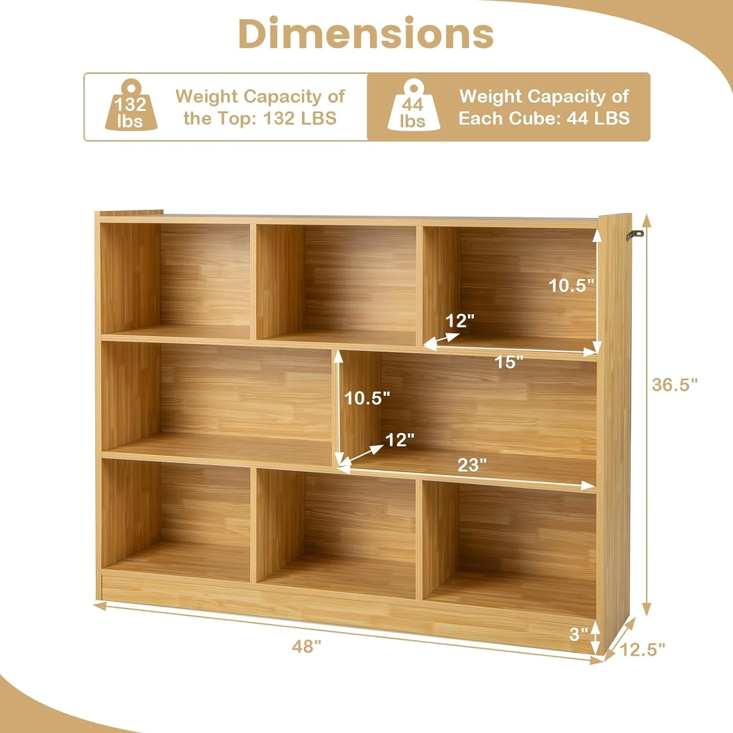 LOKO 3-Tier Open Shelf Bookcase, Floor Standing Wood Bookshelf for Bedroom, Living Room, Kids Room, 8 Cube Bookcase, 48 x 12.5 x 36.5 (Burlywood) - Image 4