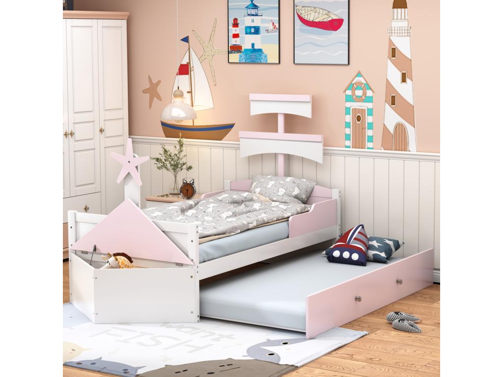 Cama nido 90x200cm+90x190cm, estructura de cama en forma de velero con somier de láminas, armario de almacenamiento, rosa