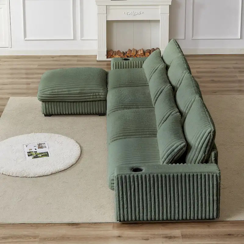126W Large L-Shaped Corduroy Sofa with USB Charging Port