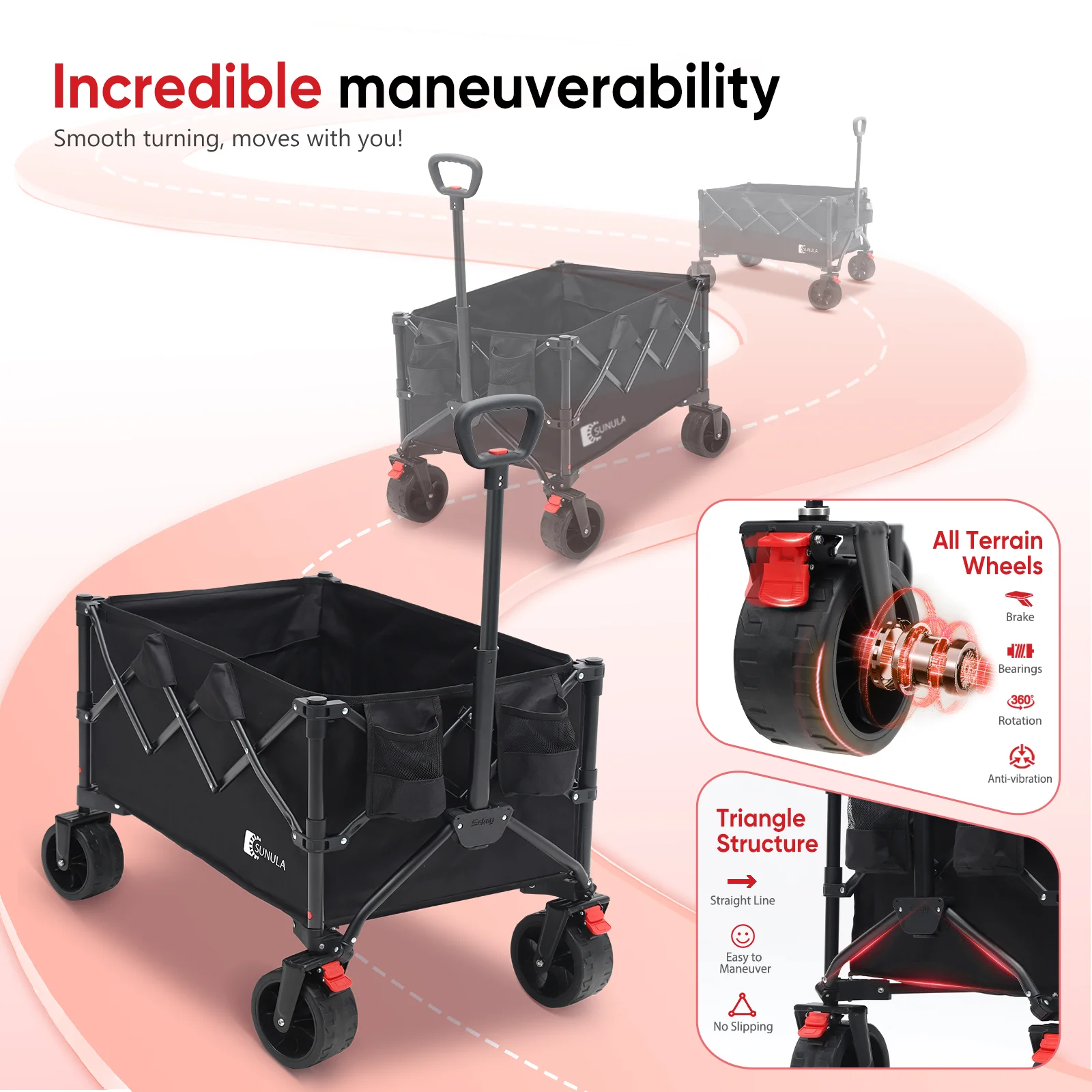 Sekey 330LBS Collapsible Wagon Cart, 220L Large Capacity Foldable Wagon, Heavy Duty Folding Utility Garden Cart with All-Terrain Wheels for Camp, Beach, Sport, Shop, Grocery (Black, 1-YEAR-WARRANTY) - Image 7