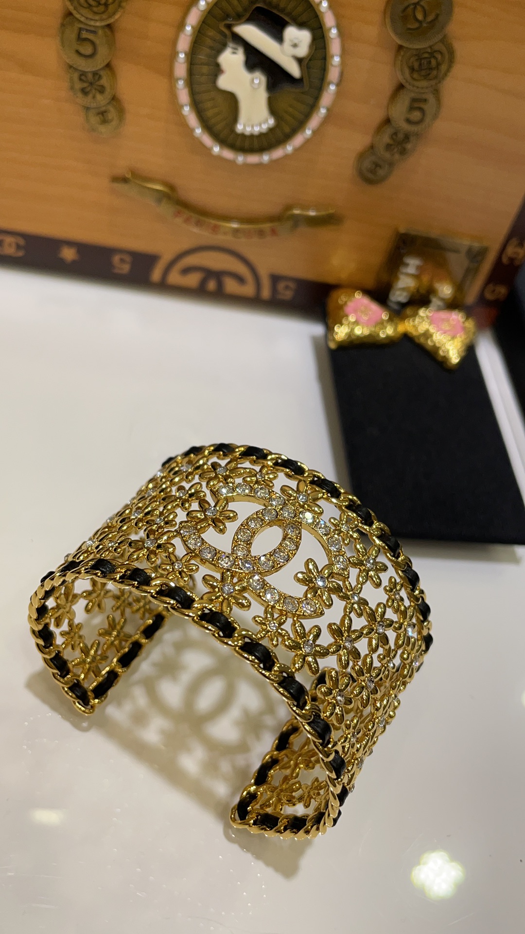 Dainty Chanel 23A Hollow Flower Wide Bracelet Cuff Bangle - Original Replica Club