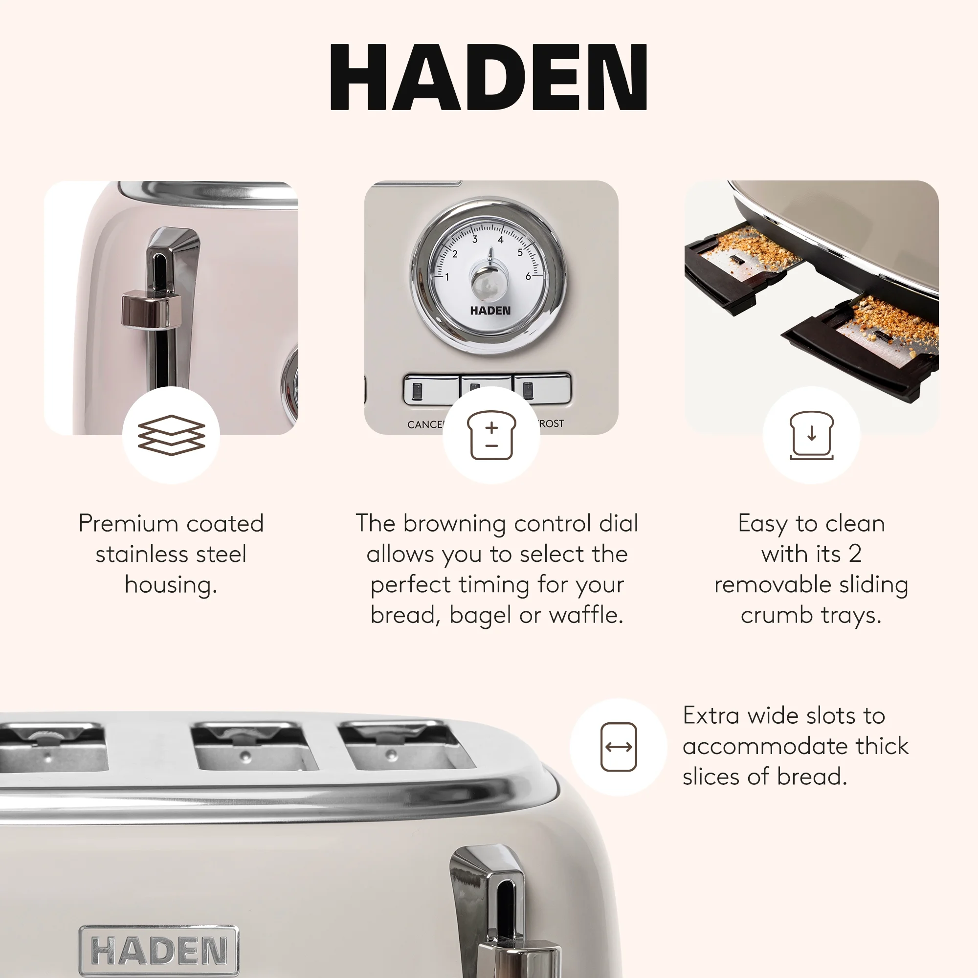 HADEN Dorset Stainless Steel 4-Slice Toaster with Browning Control, Cancel, Reheat and Defrost Settings - Image 3