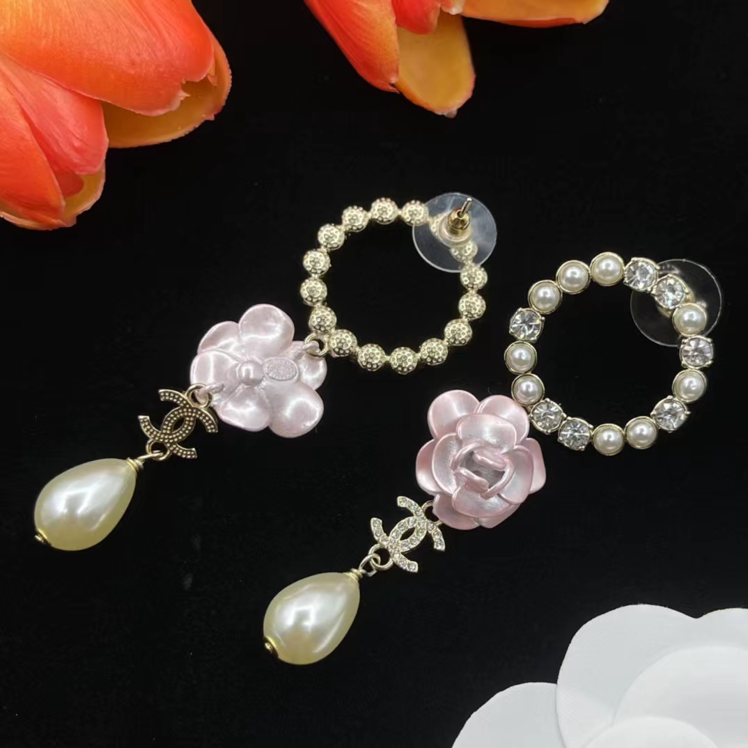 Chanel Pink Camellia Pearl Dangle Earrings - Original Replica Club