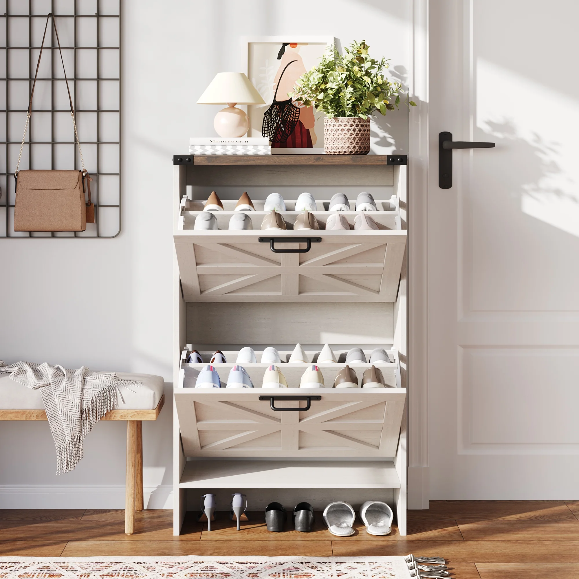 VEANERWOOD Shoes Storage Cabinet With Doors, Farmhouse Shoe Cabinet With 2 Flip Drawers For Entryway,Gray - Image 6