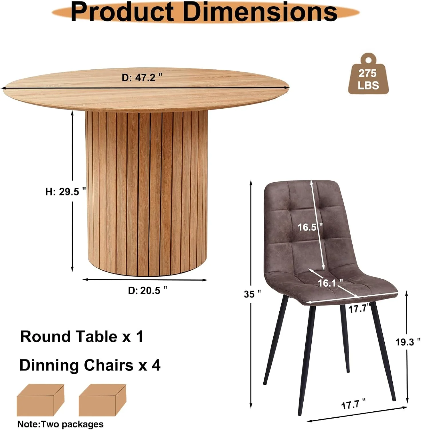 5 Piece Round Dining Table Set - Mid-Century 47 inch Oak Dining Table with 4 Brown Faux Leather Chairs Set, Dinner Table & Chair with Metal Legs for Kitchen Dining Room, Apartment, Bedroom - Image 12