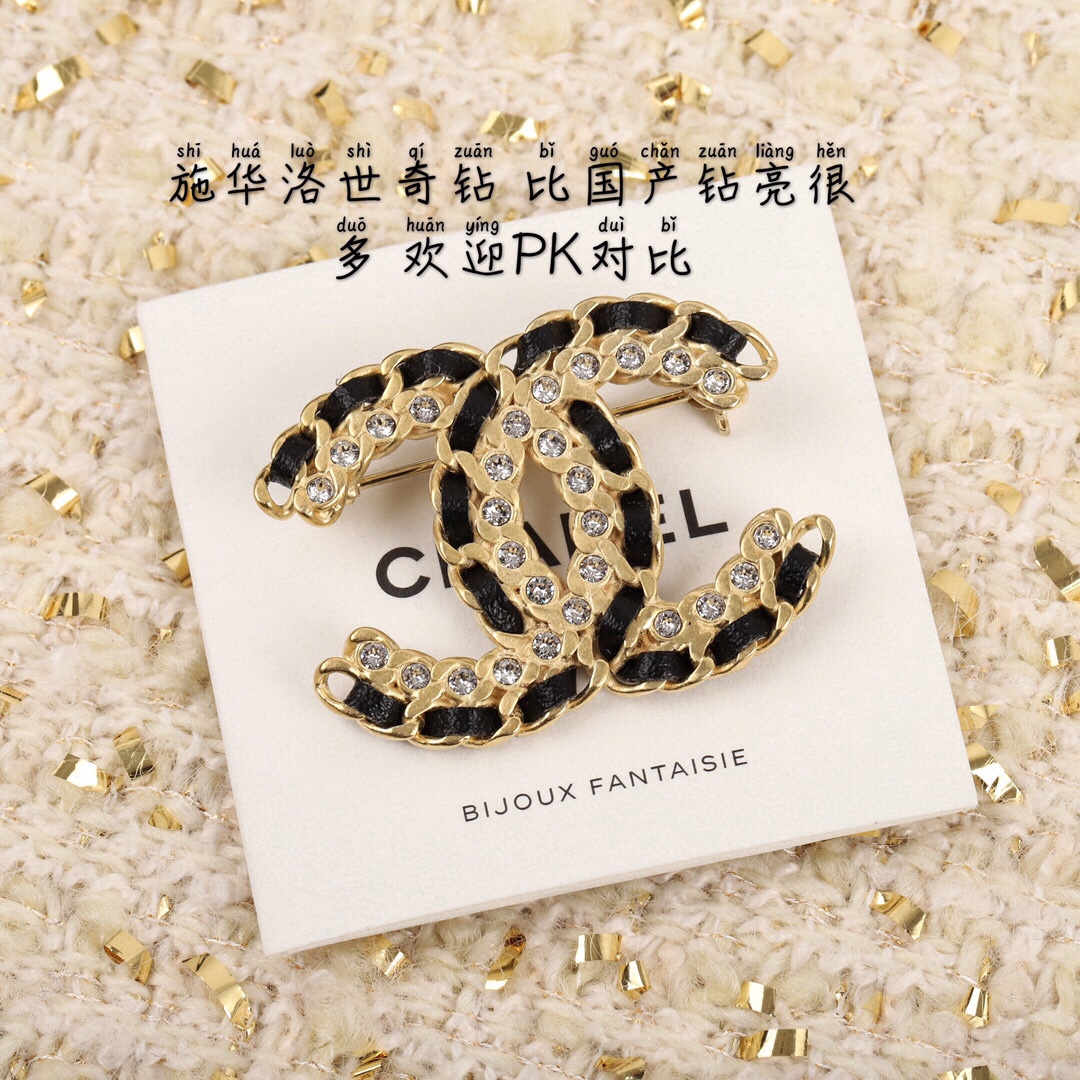 Chanel Leather Woven Diamond Paved Gold Brooch - Original Replica Club