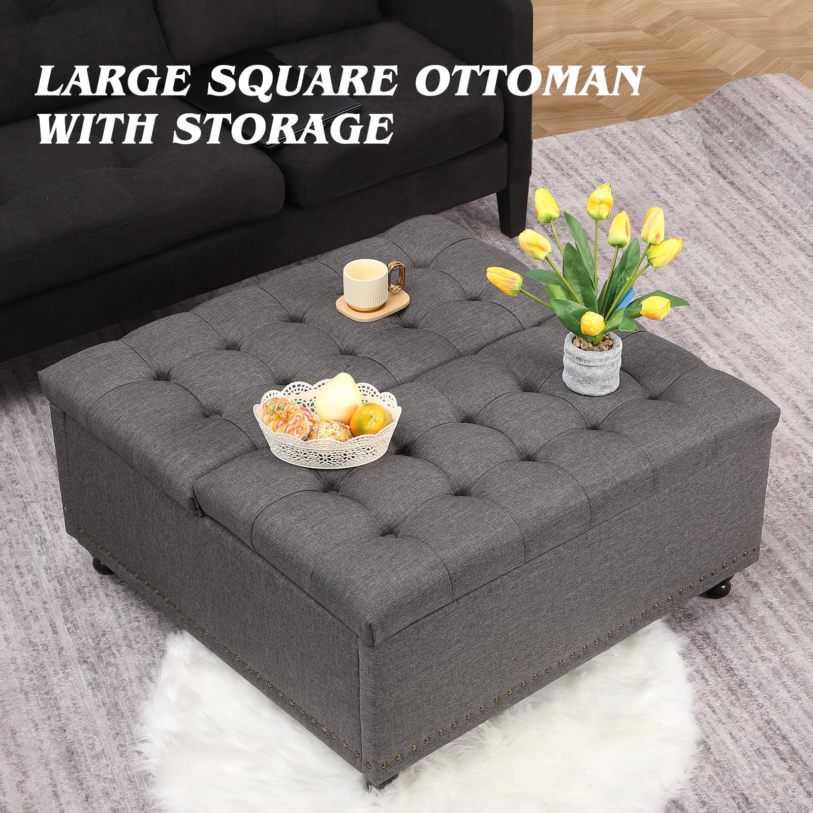 Magic Union 35" Large Square Storage Ottoman, Oversized Square Ottoman with Storage, Tufted Upholstered Ottoman Coffee Table with Lift Top for Living Room (Beige) - Image 12