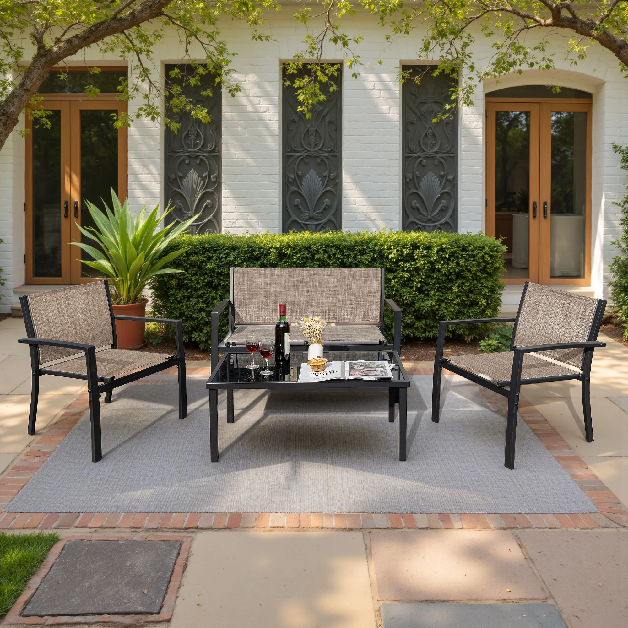LACOO 4 Pieces Outdoor Furniture Set Patio Textilene Steel Conversation Set with Loveseat Tea Table for Lawn and Balcony, Black - Image 18